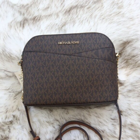 Michael Kors Jet Set Travel Dome Crossbody Bag Medium PVC Logo Signature Brown - Picture 1 of 11